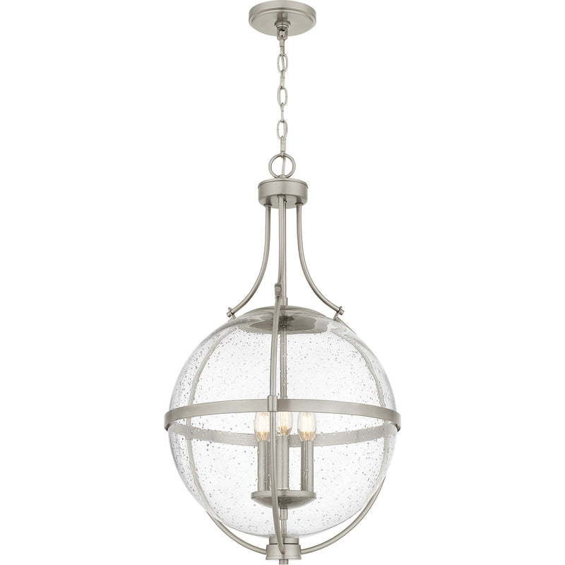 Quoizel Chicago 18in 3-Light Pendant | Transitional Brushed Nickel and Clear Seedy Glass | Kitchen Island & Bar | 17.5 x 17.5 x 29 in | Model QP6169BN