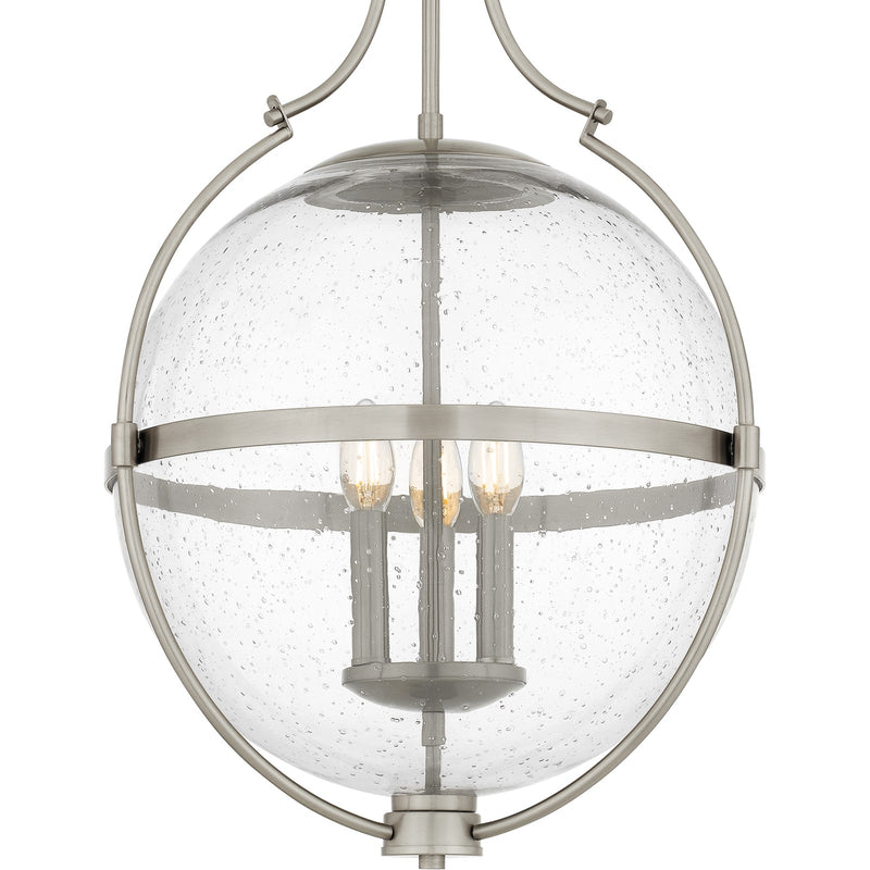 Quoizel Chicago 18in 3-Light Pendant | Transitional Brushed Nickel and Clear Seedy Glass | Kitchen Island & Bar | 17.5 x 17.5 x 29 in | Model QP6169BN