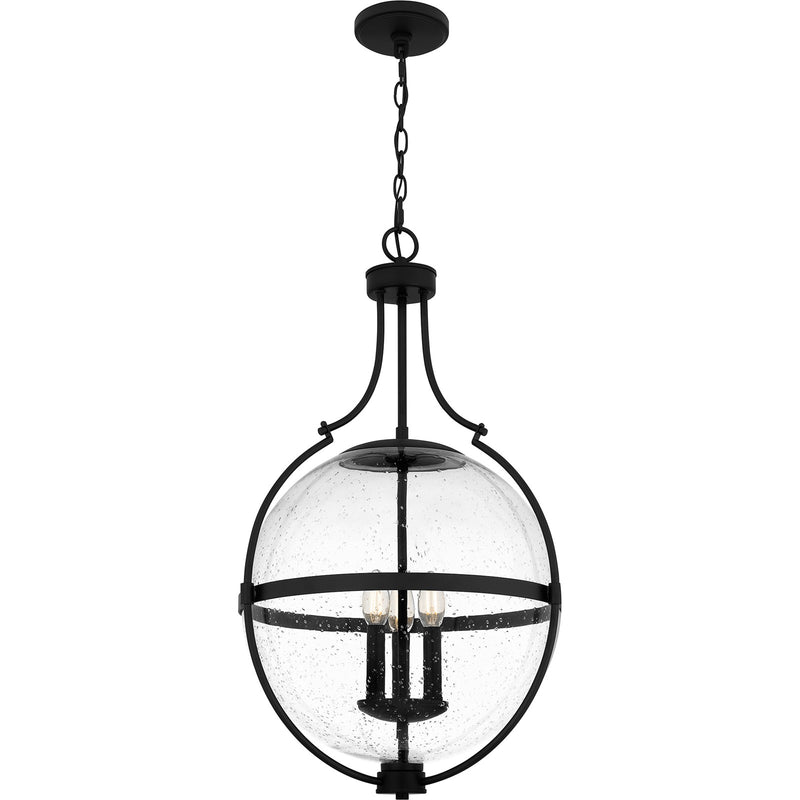 Quoizel Chicago 18in 3-Light Pendant | Transitional Matte Black and Clear Seedy Glass | Kitchen Island & Bar | 17.5 x 17.5 x 29 in | Model QP6169MBK