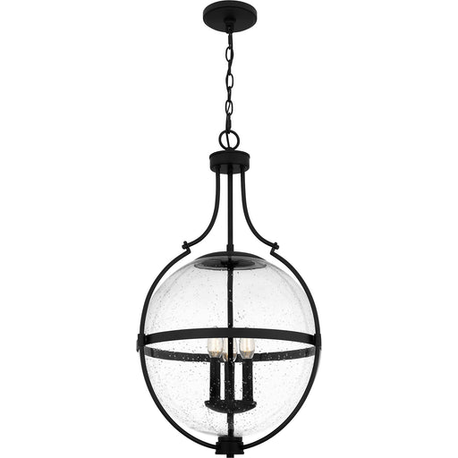 Quoizel Chicago 18in 3-Light Pendant | Transitional Matte Black and Clear Seedy Glass | Kitchen Island & Bar | 17.5 x 17.5 x 29 in | Model QP6169MBK