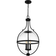 Quoizel Chicago 18in 3-Light Pendant | Transitional Matte Black and Clear Seedy Glass | Kitchen Island & Bar | 17.5 x 17.5 x 29 in | Model QP6169MBK