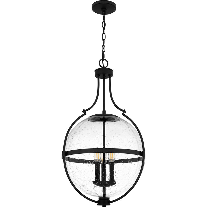 Quoizel Chicago 18in 3-Light Pendant | Transitional Matte Black and Clear Seedy Glass | Kitchen Island & Bar | 17.5 x 17.5 x 29 in | Model QP6169MBK