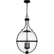 Quoizel Chicago 18in 3-Light Pendant | Transitional Matte Black and Clear Seedy Glass | Kitchen Island & Bar | 17.5 x 17.5 x 29 in | Model QP6169MBK
