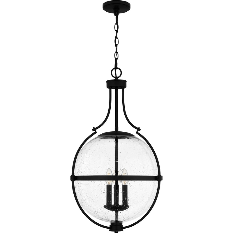 Quoizel Chicago 18in 3-Light Pendant | Transitional Matte Black and Clear Seedy Glass | Kitchen Island & Bar | 17.5 x 17.5 x 29 in | Model QP6169MBK