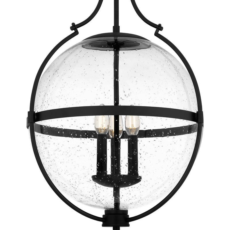 Quoizel Chicago 18in 3-Light Pendant | Transitional Matte Black and Clear Seedy Glass | Kitchen Island & Bar | 17.5 x 17.5 x 29 in | Model QP6169MBK