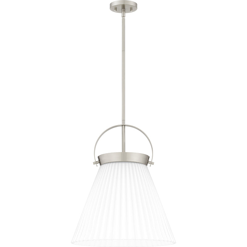 Quoizel Thibault 16in 1-Light Pendant | Transitional Brushed Nickel and White Ribbed Glass | Kitchen Island & Dining Room | Model QP6181BN