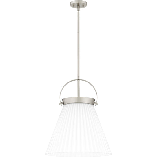 Quoizel Thibault 16in 1-Light Pendant | Transitional Brushed Nickel and White Ribbed Glass | Kitchen Island & Dining Room | Model QP6181BN