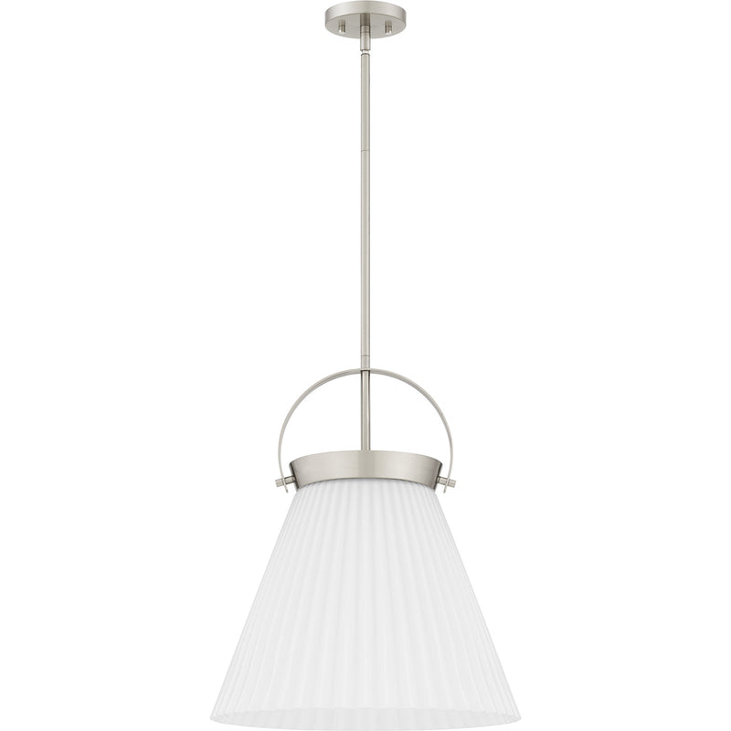 Quoizel Thibault 16in 1-Light Pendant | Transitional Brushed Nickel and White Ribbed Glass | Kitchen Island & Dining Room | Model QP6181BN