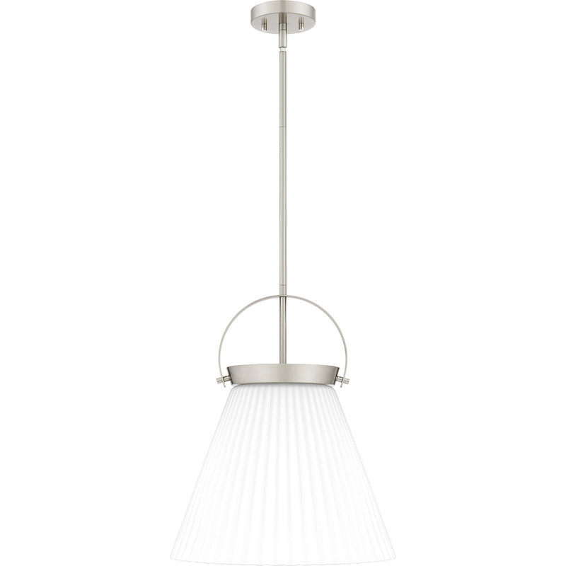 Quoizel Thibault 16in 1-Light Pendant | Transitional Brushed Nickel and White Ribbed Glass | Kitchen Island & Dining Room | Model QP6181BN