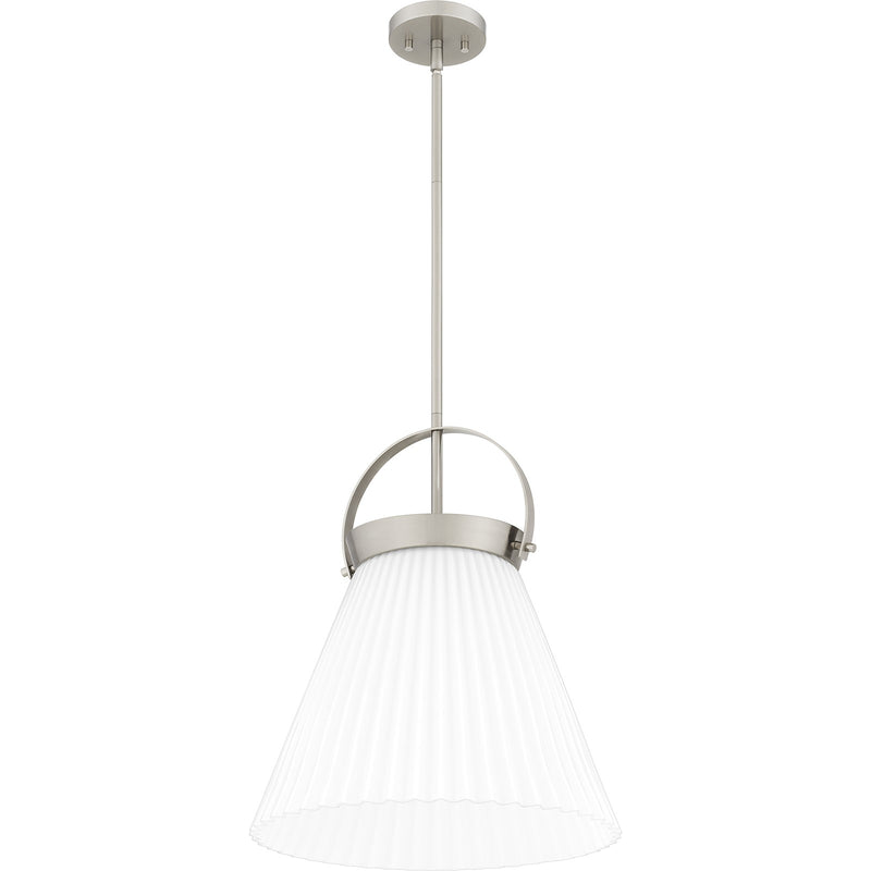 Quoizel Thibault 16in 1-Light Pendant | Transitional Brushed Nickel and White Ribbed Glass | Kitchen Island & Dining Room | Model QP6181BN