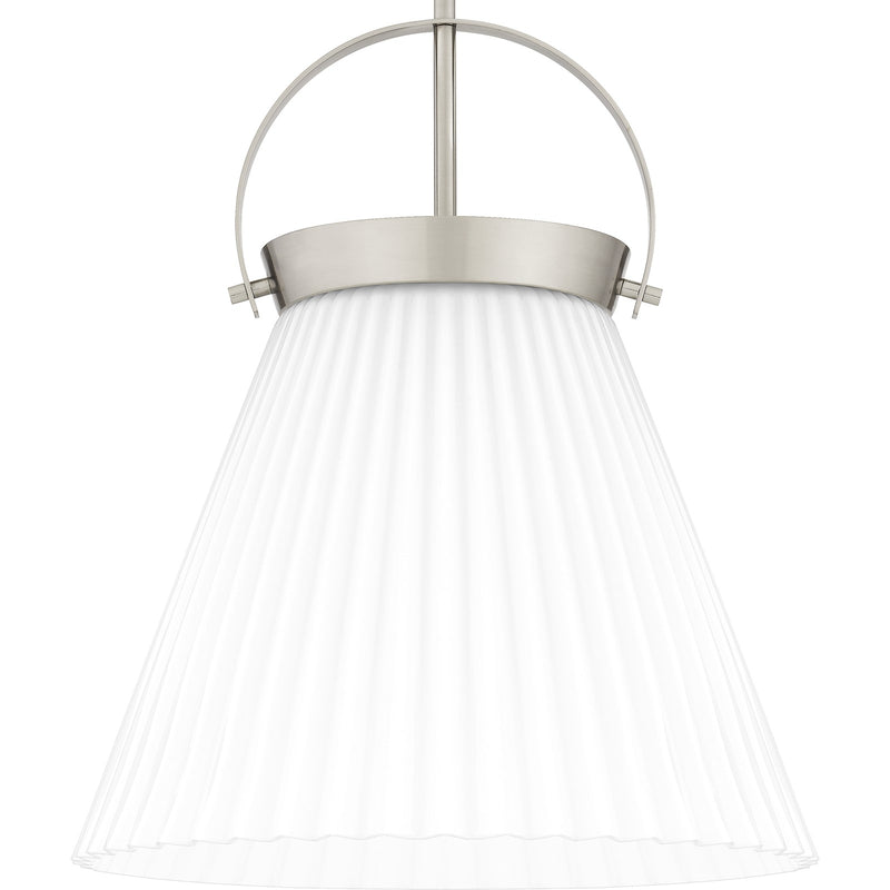 Quoizel Thibault 16in 1-Light Pendant | Transitional Brushed Nickel and White Ribbed Glass | Kitchen Island & Dining Room | Model QP6181BN