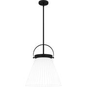 Quoizel Thibault 16in 1-Light Pendant | Transitional Matte Black and White Ribbed Glass | Kitchen Island & Dining Room | Model QP6181MBK