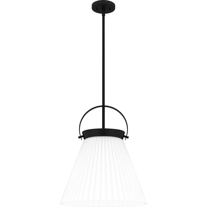 Quoizel Thibault 16in 1-Light Pendant | Transitional Matte Black and White Ribbed Glass | Kitchen Island & Dining Room | Model QP6181MBK