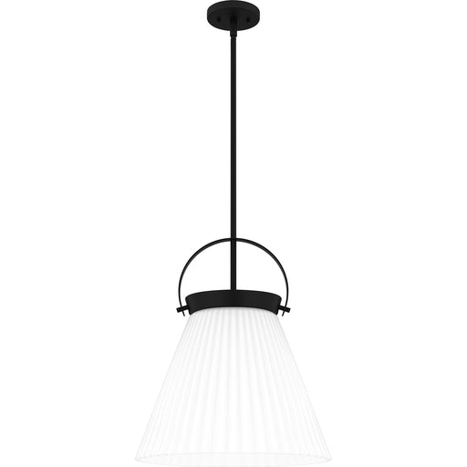 Quoizel Thibault 16in 1-Light Pendant | Transitional Matte Black and White Ribbed Glass | Kitchen Island & Dining Room | Model QP6181MBK