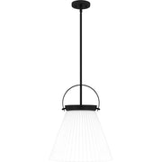 Quoizel Thibault 16in 1-Light Pendant | Transitional Matte Black and White Ribbed Glass | Kitchen Island & Dining Room | Model QP6181MBK