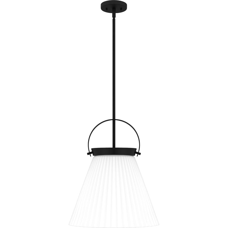 Quoizel Thibault 16in 1-Light Pendant | Transitional Matte Black and White Ribbed Glass | Kitchen Island & Dining Room | Model QP6181MBK