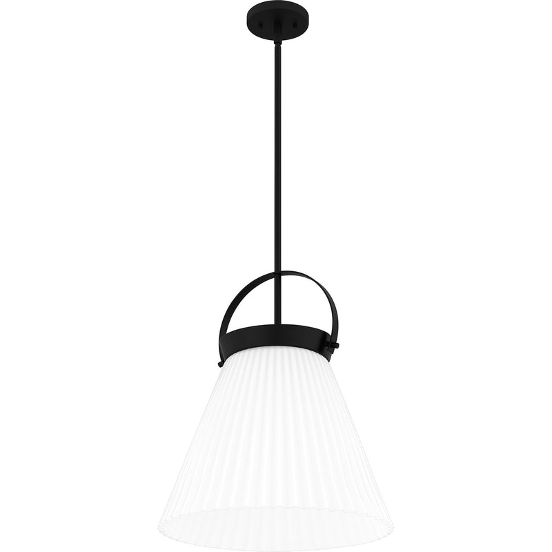 Quoizel Thibault 16in 1-Light Pendant | Transitional Matte Black and White Ribbed Glass | Kitchen Island & Dining Room | Model QP6181MBK