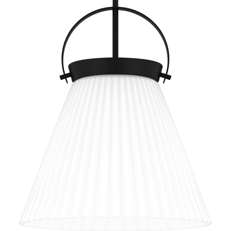 Quoizel Thibault 16in 1-Light Pendant | Transitional Matte Black and White Ribbed Glass | Kitchen Island & Dining Room | Model QP6181MBK