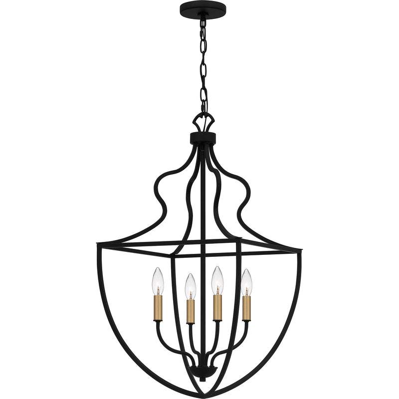 Quoizel Keeley 16in 4-Light Pendant | Classic Matte Black Steel with Brass Sockets | Foyer & Dining Room | 16.5 x 16.5 x 30.25 in | Model QP6215MBK