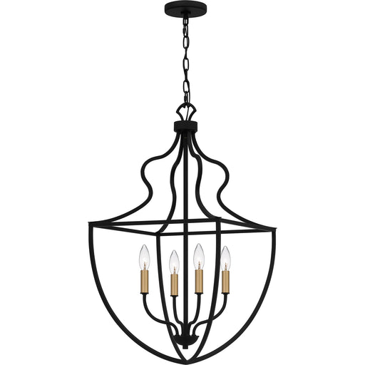 Quoizel Keeley 16in 4-Light Pendant | Classic Matte Black Steel with Brass Sockets | Foyer & Dining Room | 16.5 x 16.5 x 30.25 in | Model QP6215MBK