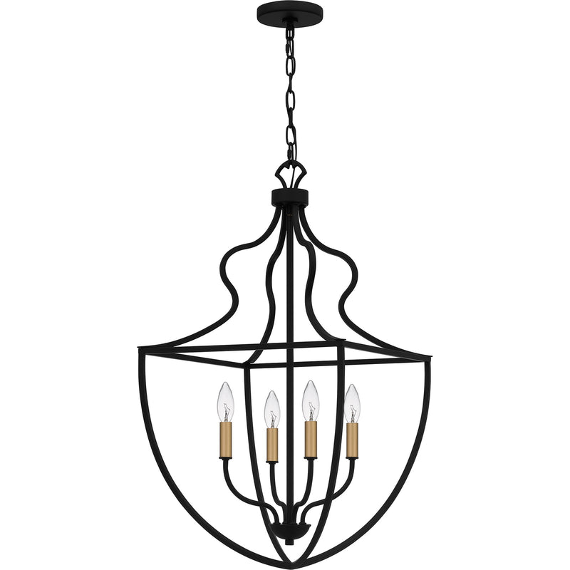 Quoizel Keeley 16in 4-Light Pendant | Classic Matte Black Steel with Brass Sockets | Foyer & Dining Room | 16.5 x 16.5 x 30.25 in | Model QP6215MBK