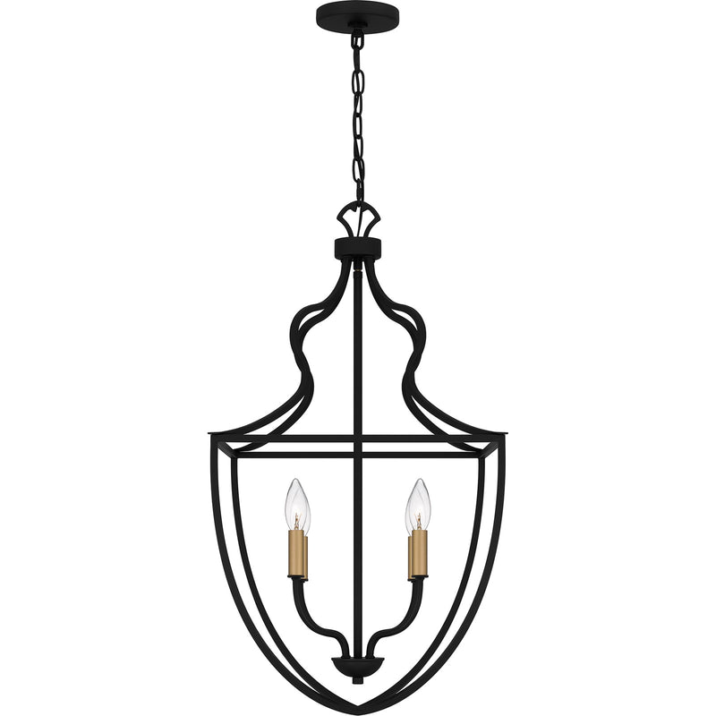 Quoizel Keeley 16in 4-Light Pendant | Classic Matte Black Steel with Brass Sockets | Foyer & Dining Room | 16.5 x 16.5 x 30.25 in | Model QP6215MBK