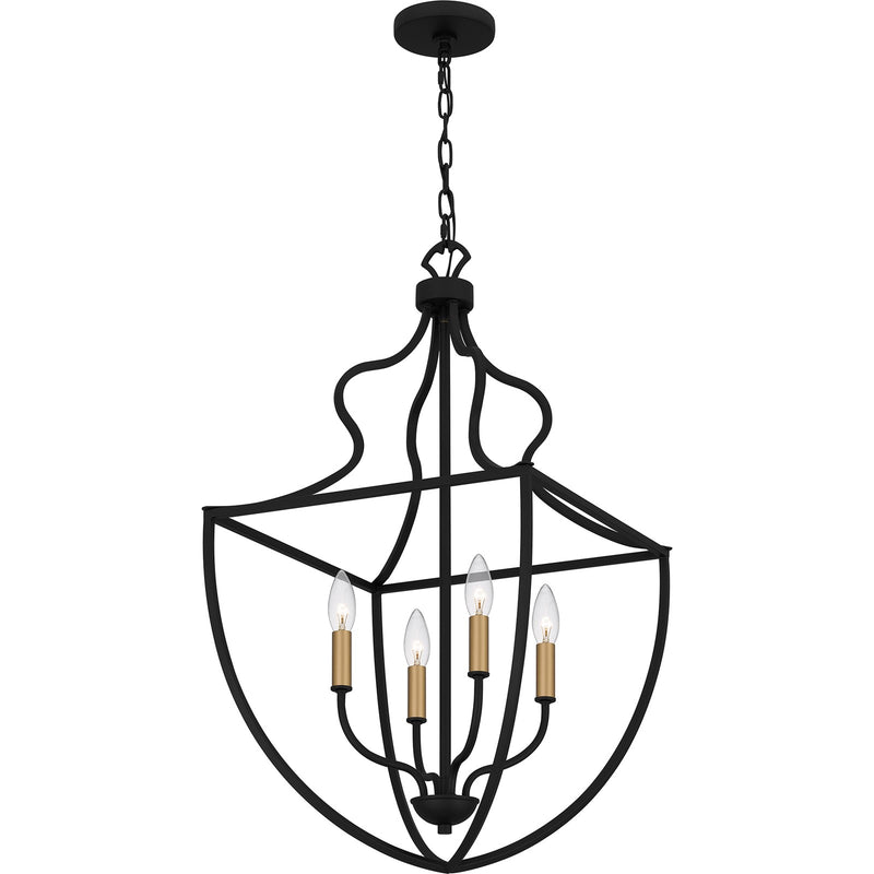 Quoizel Keeley 16in 4-Light Pendant | Classic Matte Black Steel with Brass Sockets | Foyer & Dining Room | 16.5 x 16.5 x 30.25 in | Model QP6215MBK
