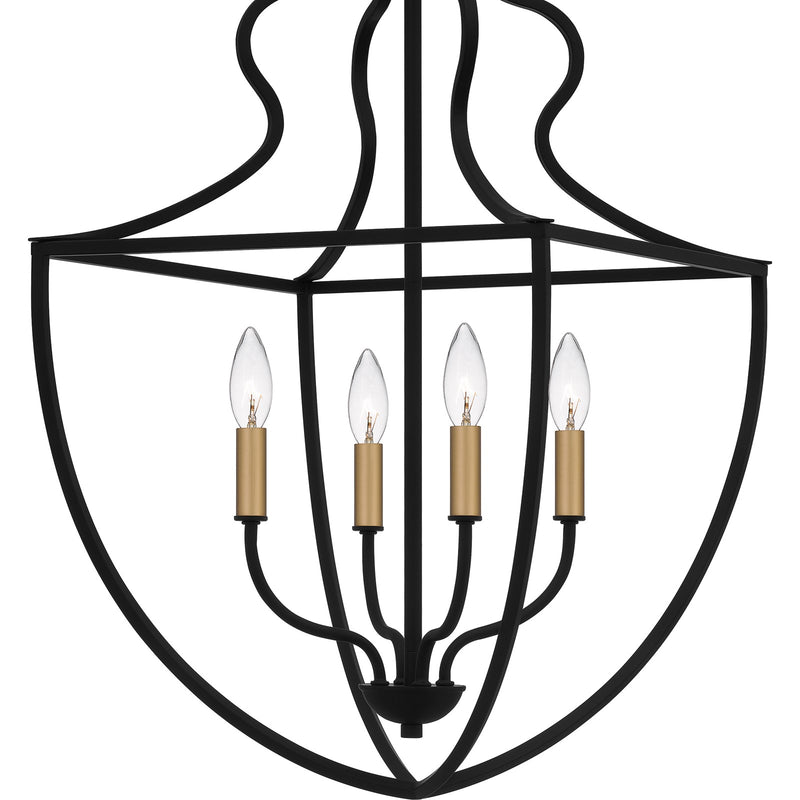 Quoizel Keeley 16in 4-Light Pendant | Classic Matte Black Steel with Brass Sockets | Foyer & Dining Room | 16.5 x 16.5 x 30.25 in | Model QP6215MBK
