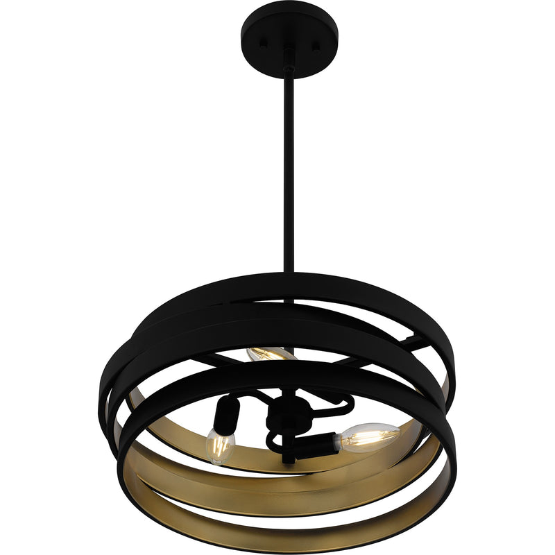 Quoizel Berner 16in 3-Light Pendant | Modern Industrial Matte Black and Gold Steel | Entryway & Home Office | 16 x 16 x 5.5 in | Model QP6223MBK