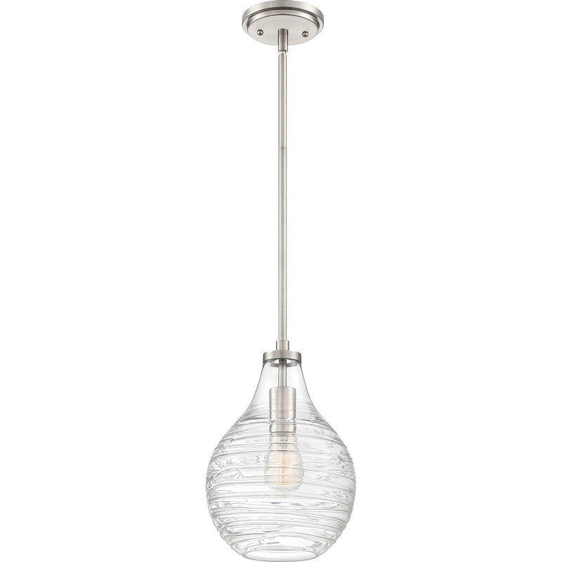 Quoizel Genie 8.75in 1-Light Mini Pendant | Coastal Brushed Nickel and Clear Swirl Glass | Kitchen Island & Bar | Model QPP4019BN