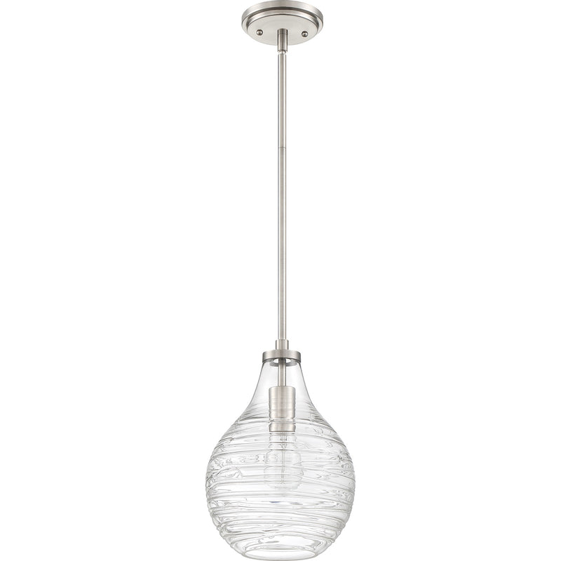 Quoizel Genie 8.75in 1-Light Mini Pendant | Coastal Brushed Nickel and Clear Swirl Glass | Kitchen Island & Bar | Model QPP4019BN