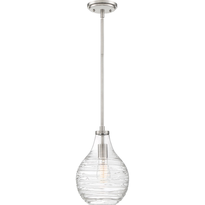 Quoizel Genie 8.75in 1-Light Mini Pendant | Coastal Brushed Nickel and Clear Swirl Glass | Kitchen Island & Bar | Model QPP4019BN