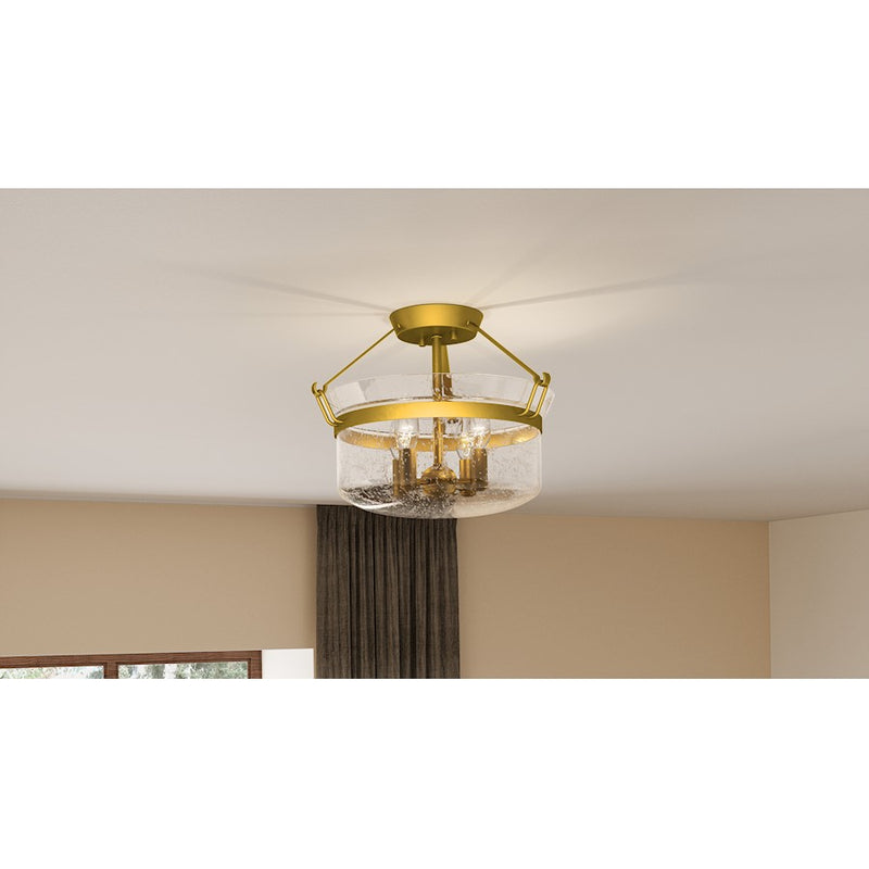 Quoizel Prescott 4 Light Semi-Flush Mount, Aged Brass/Clear Seedy