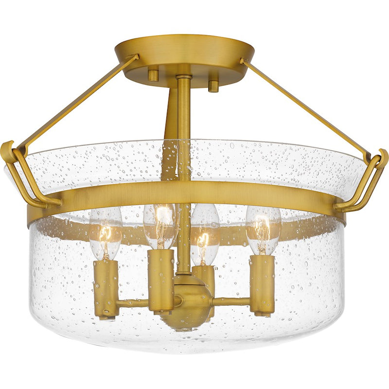 Quoizel Prescott 4 Light Semi-Flush Mount, Aged Brass/Clear Seedy
