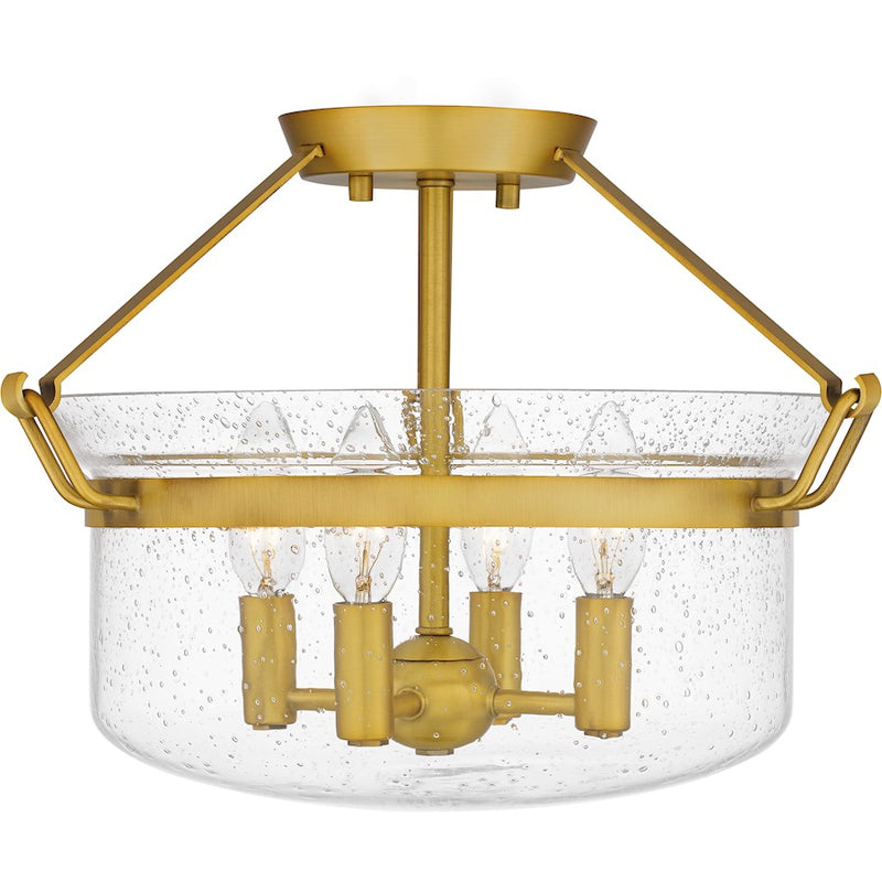 Quoizel Prescott 4 Light Semi-Flush Mount, Aged Brass/Clear Seedy