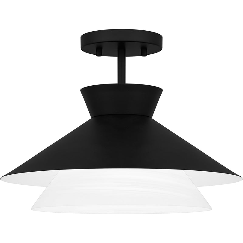 Quoizel Lionel 15in 1-Light Semi-Flush Mount | Modern Matte Black and White Alabaster Glass | Kitchen & Bar | 15 x 15 x 11 in | Model QSF6171MBK