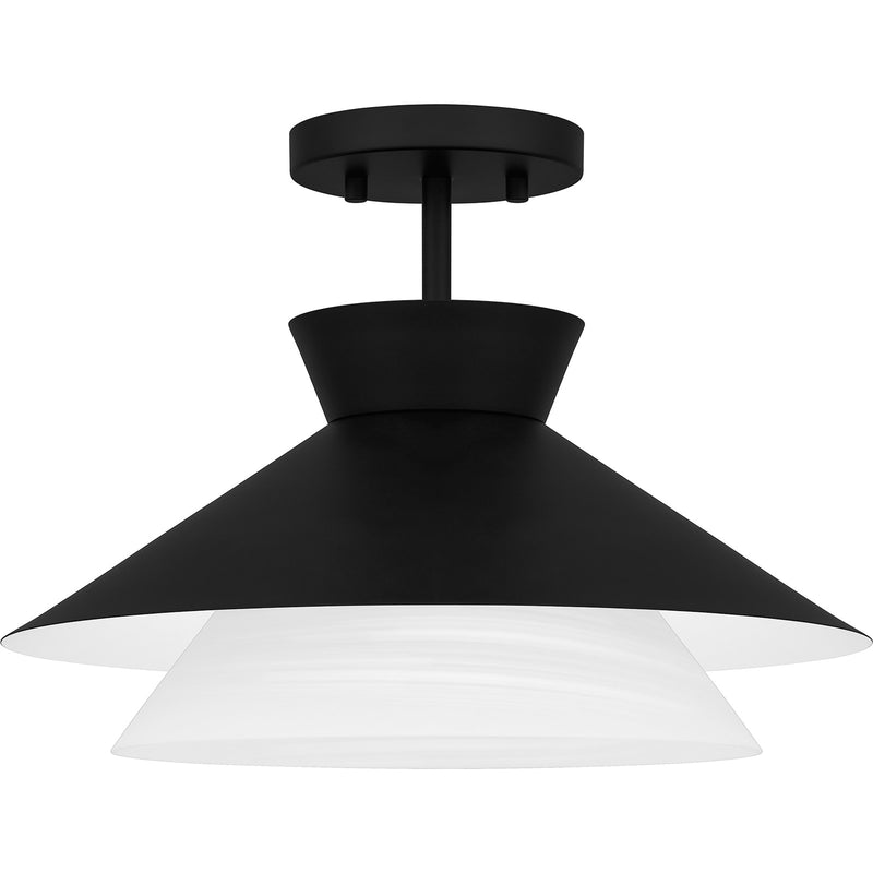 Quoizel Lionel 15in 1-Light Semi-Flush Mount | Modern Matte Black and White Alabaster Glass | Kitchen & Bar | 15 x 15 x 11 in | Model QSF6171MBK