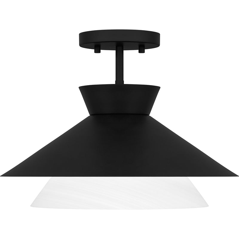 Quoizel Lionel 15in 1-Light Semi-Flush Mount | Modern Matte Black and White Alabaster Glass | Kitchen & Bar | 15 x 15 x 11 in | Model QSF6171MBK