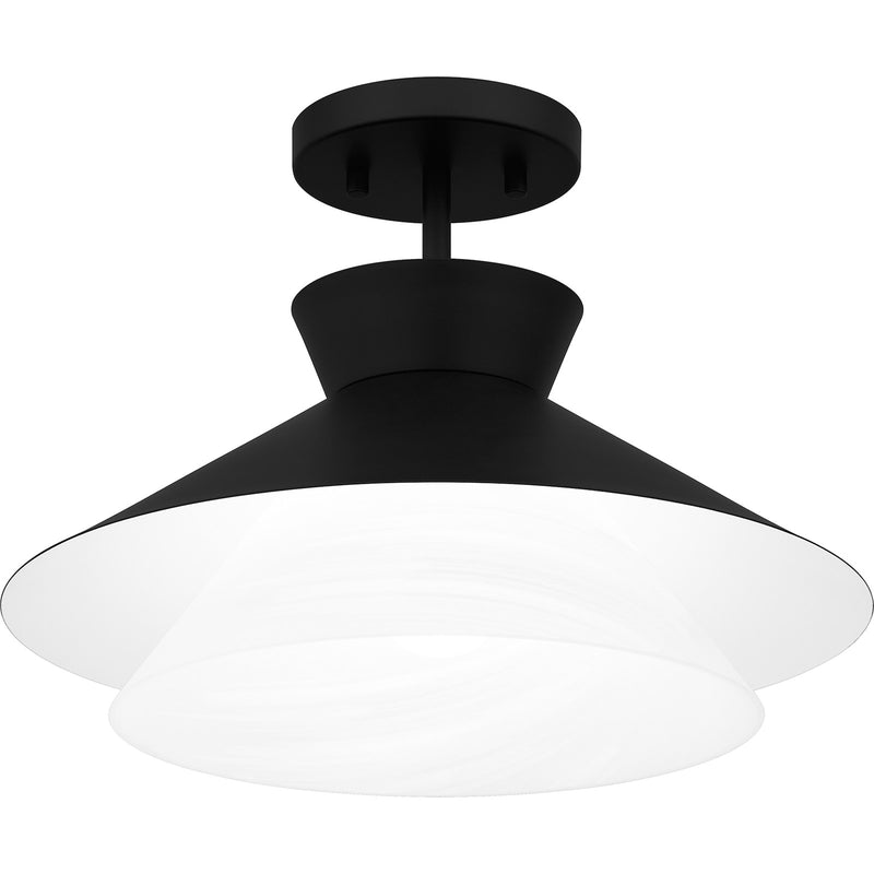 Quoizel Lionel 15in 1-Light Semi-Flush Mount | Modern Matte Black and White Alabaster Glass | Kitchen & Bar | 15 x 15 x 11 in | Model QSF6171MBK