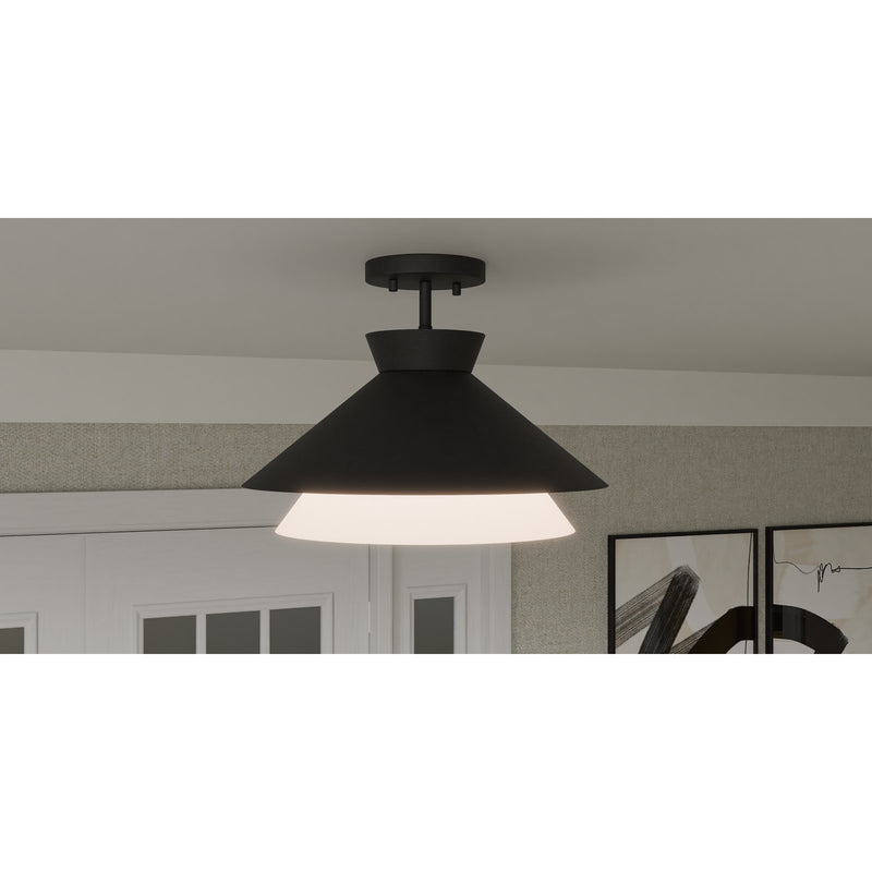 Quoizel Lionel 15in 1-Light Semi-Flush Mount | Modern Matte Black and White Alabaster Glass | Kitchen & Bar | 15 x 15 x 11 in | Model QSF6171MBK