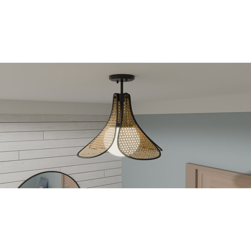 Quoizel Delilah 18in 1-Light Semi-Flush Mount | Coastal Matte Black and Natural Rattan | Bedroom & Hallway | 18 x 18 x 15 in | Model QSF6207MBK