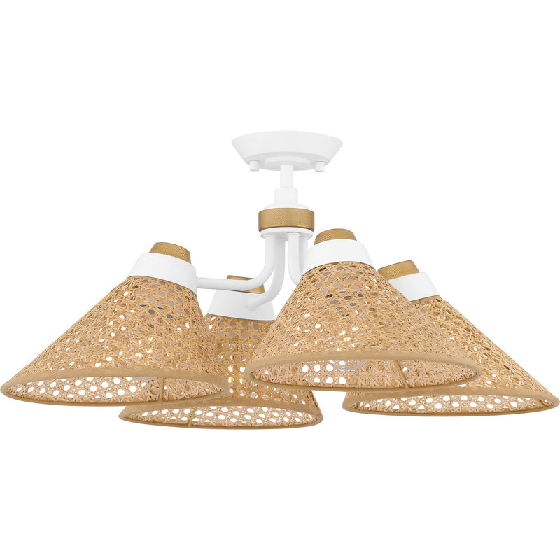 Quoizel Graft 24in 4-Light Semi-Flush Mount | Coastal Matte White and Rattan Caning | Bedroom & Entryway | 24 x 24 x 11 in | Model QSF6218W