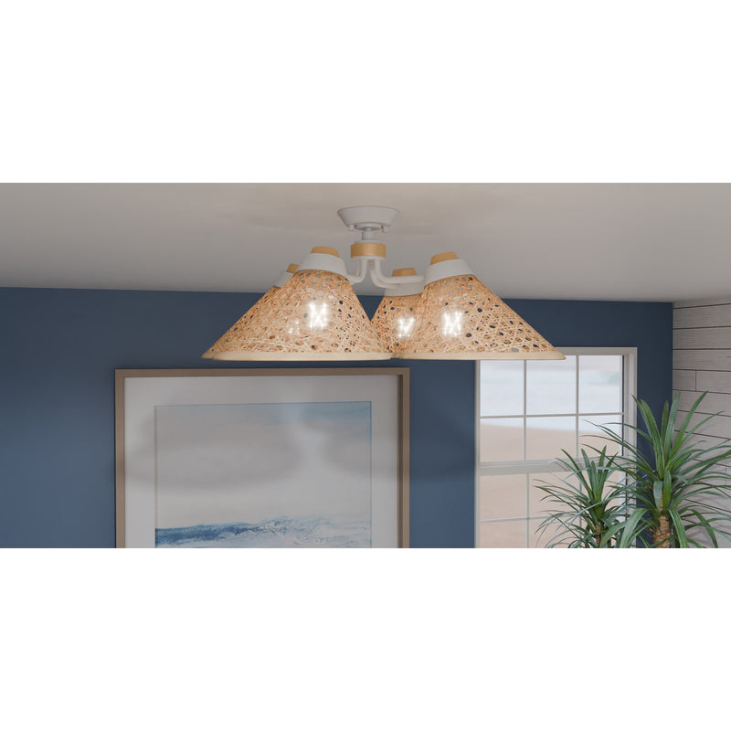 Quoizel Graft 24in 4-Light Semi-Flush Mount | Coastal Matte White and Rattan Caning | Bedroom & Entryway | 24 x 24 x 11 in | Model QSF6218W