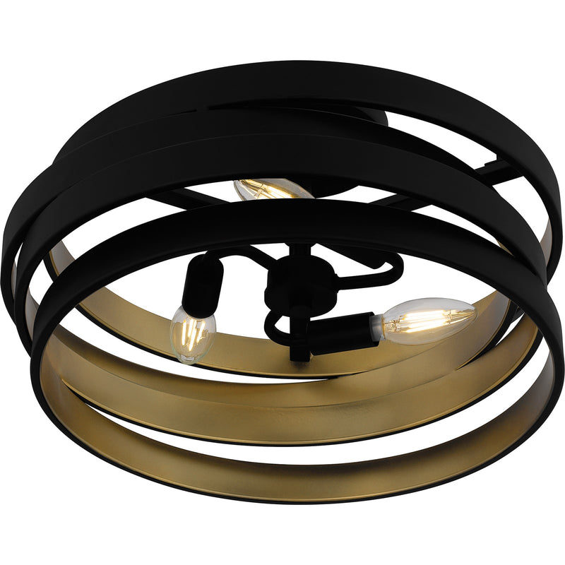 Quoizel Berner 16in 3-Light Semi-Flush Mount | Modern Industrial Matte Black and Gold Metal | Entryway & Bathroom | 16 x 16 x 8 in | Model QSF6223MBK