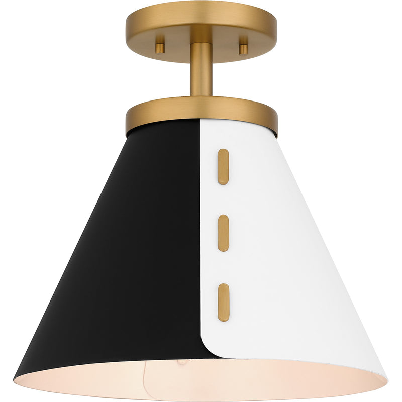 Quoizel Trette 12in 1-Light Semi-Flush Mount | Modern Brushed Weathered Brass and Black White Metal | Kitchen & Entryway | Model QSF6224BWS