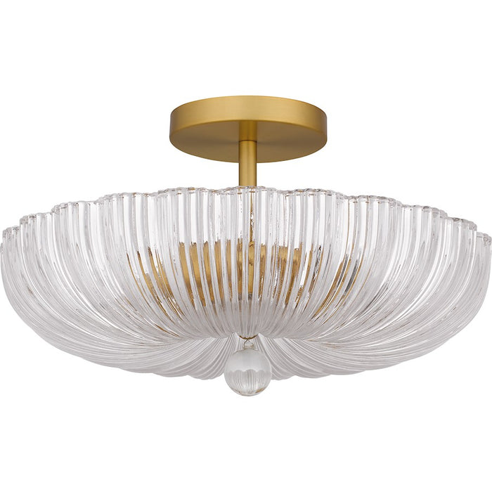 Quoizel Belmond 3 Light Semi-Flush Mount, Gold/Clear Ribbed Glass