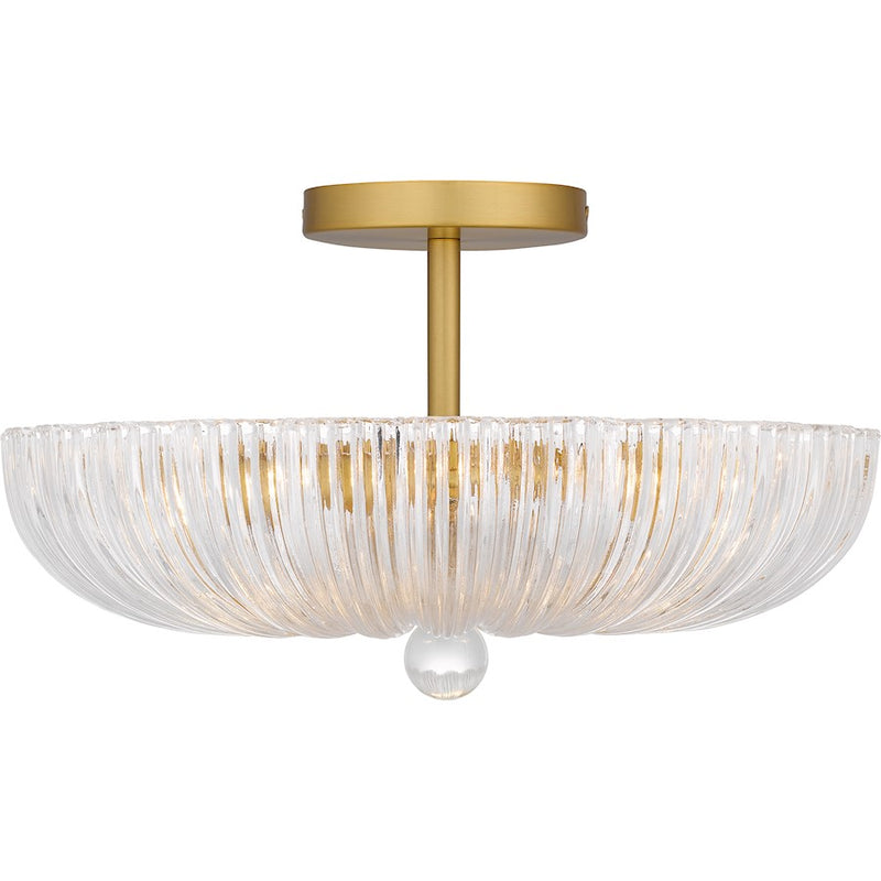 Quoizel Belmond 3 Light Semi-Flush Mount, Gold/Clear Ribbed Glass