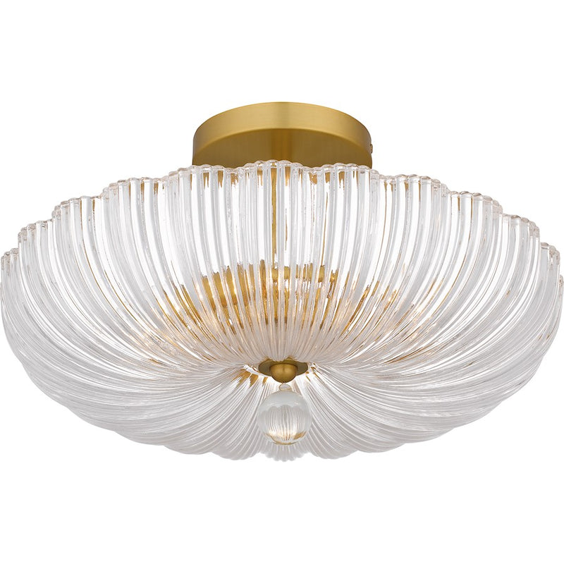 Quoizel Belmond 3 Light Semi-Flush Mount, Gold/Clear Ribbed Glass