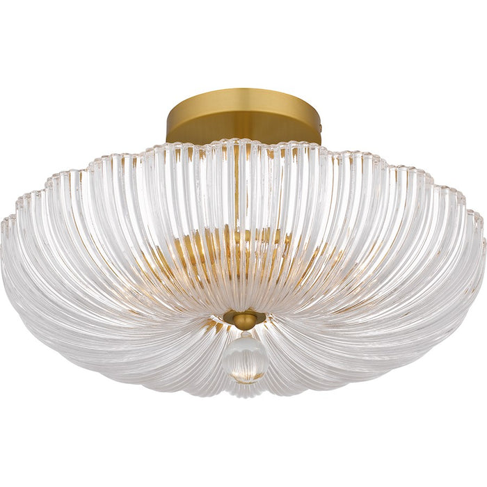 Quoizel Belmond 3 Light Semi-Flush Mount, Gold/Clear Ribbed Glass