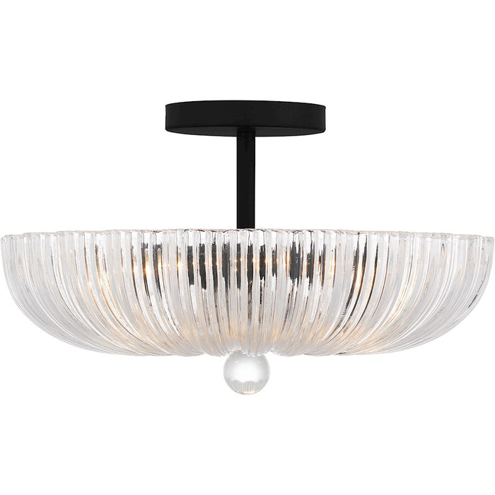 Quoizel Belmond 3 Light Semi-Flush Mount, Black/Clear Ribbed Glass